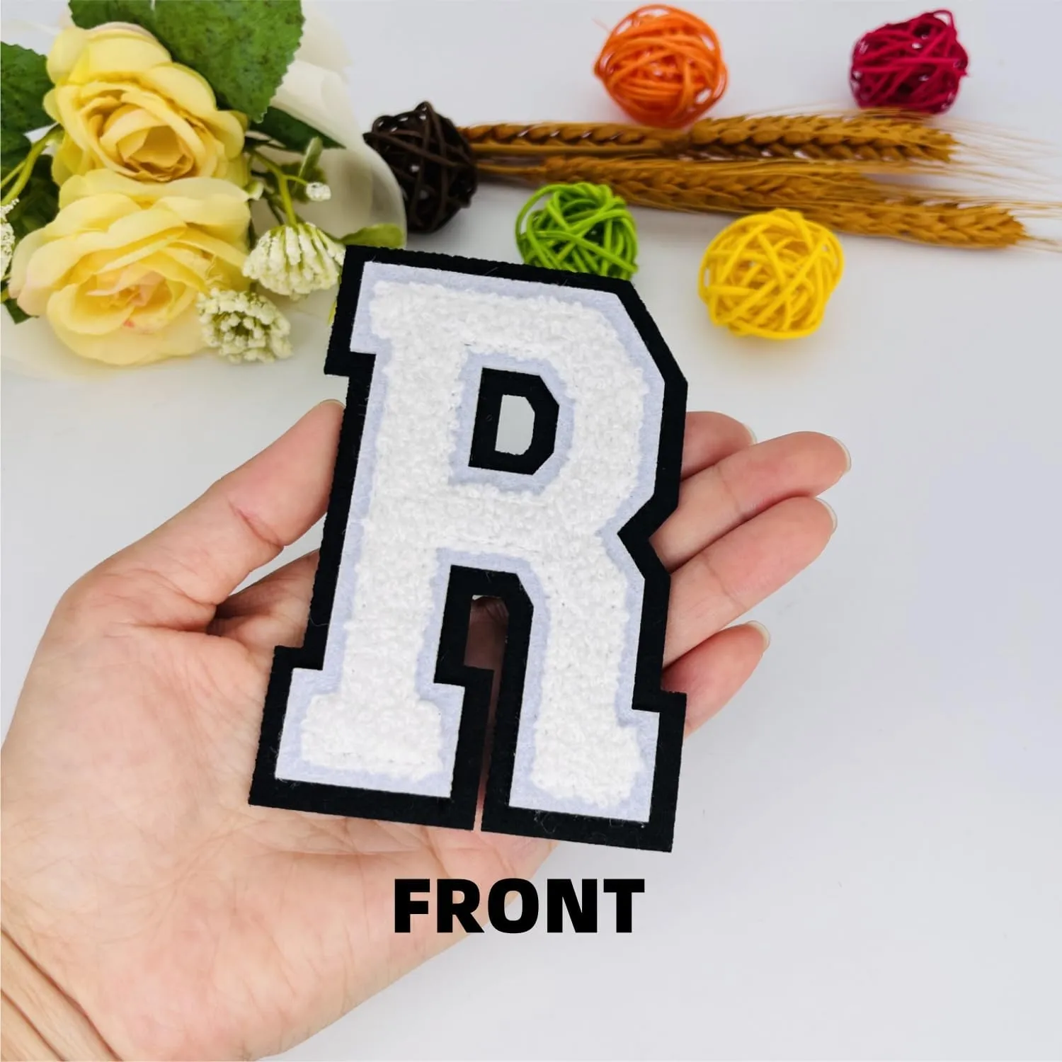 1 PCS 4.0" White Chenille Letter Patch, Iron on Patches for Hats Clothes Bags Backpacks Jeans, Initial Large Varsity R Patch