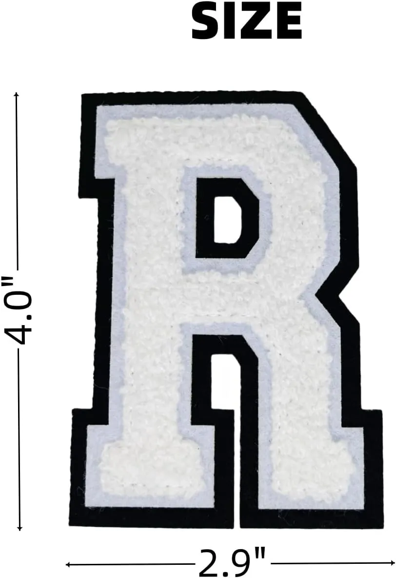 1 PCS 4.0" White Chenille Letter Patch, Iron on Patches for Hats Clothes Bags Backpacks Jeans, Initial Large Varsity R Patch