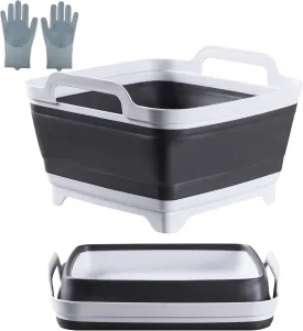 10L Collapsible Wash Basin with Drain Plug (2.6 Gal)  Foldable Portable Sink for Camping, RV, Vegetable Washing  Multi-Use Dish Pan, Ice Beverage Tub, Gray  Pair of Silicone Gloves for Free