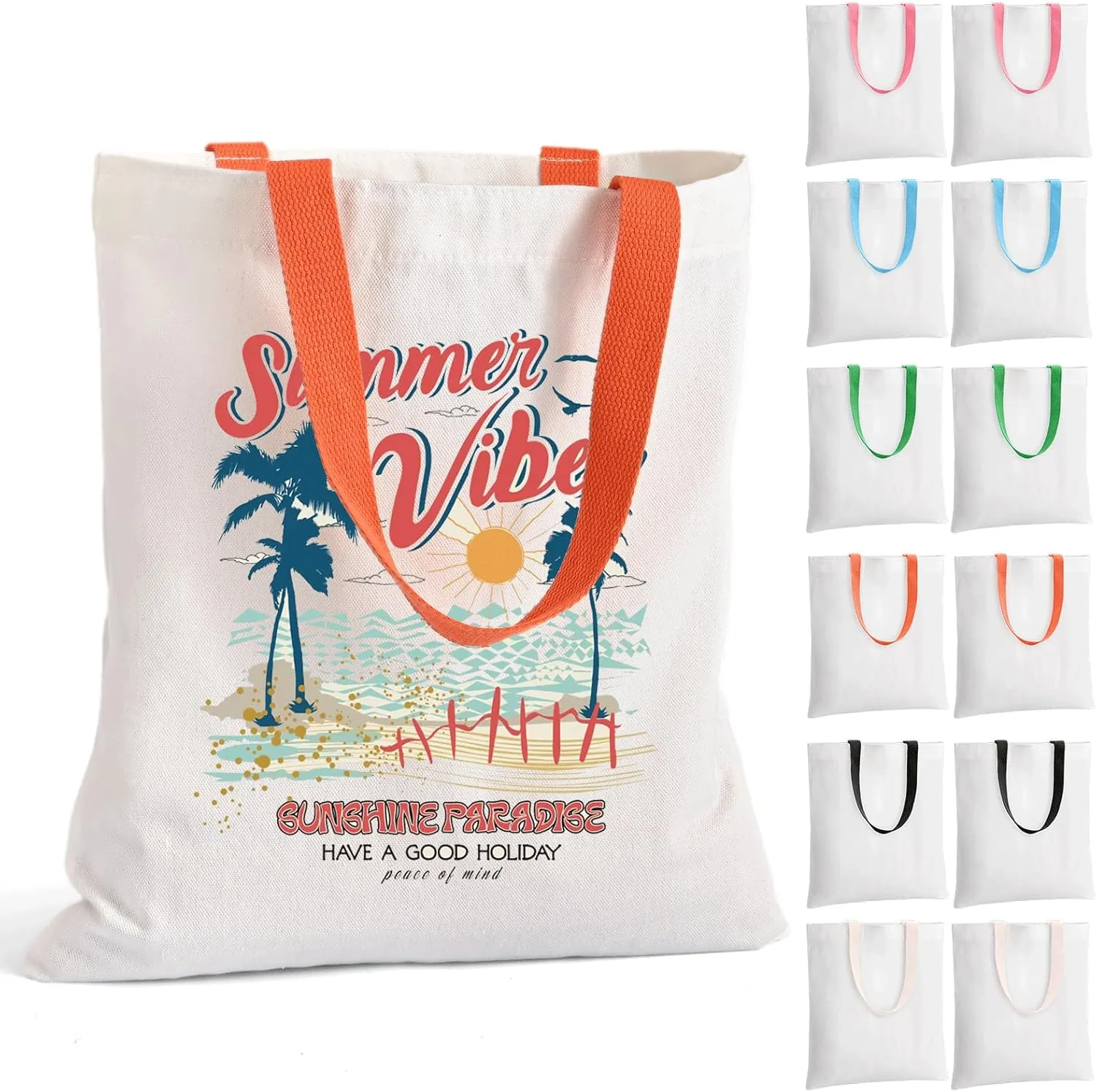 12Pack Canvas Tote Bags Bulk, 10oz Cotton Blank Canvas Tote Bags Reusable Grocery Bags Shopping Cloth Bags w/Colorful Handles Personalized Present Bags for Women, DIY, White