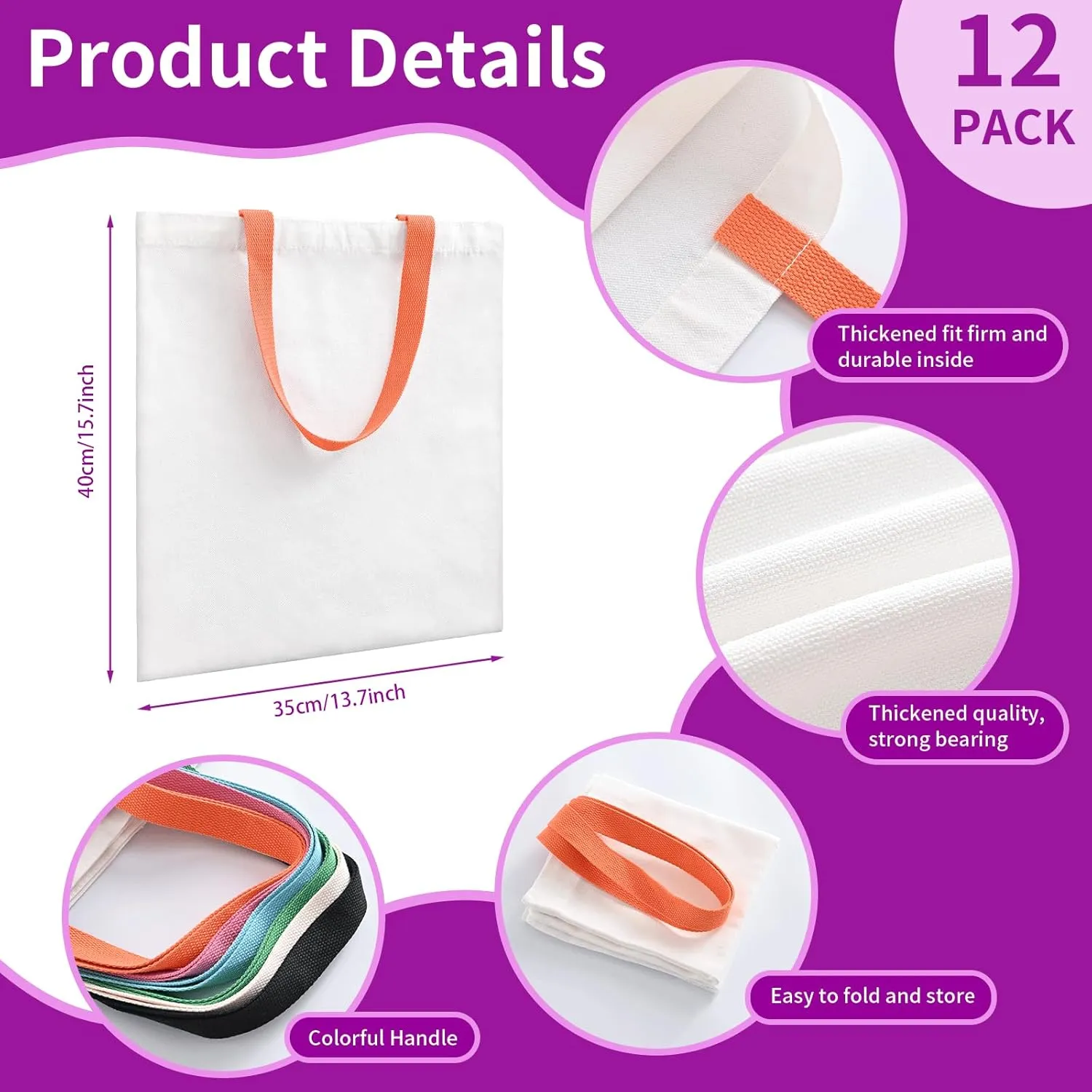 12Pack Canvas Tote Bags Bulk, 10oz Cotton Blank Canvas Tote Bags Reusable Grocery Bags Shopping Cloth Bags w/Colorful Handles Personalized Present Bags for Women, DIY, White