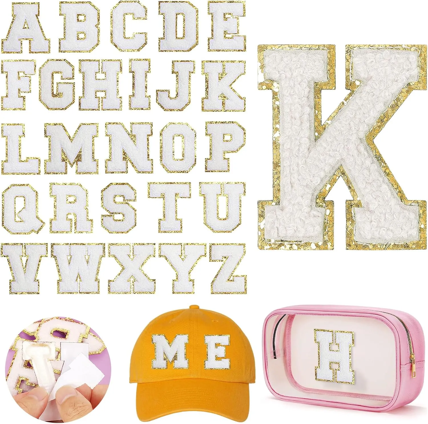 26PCS Chenille Letter Patches Self Adhesive Alphabet Sticker Set for DIY Clothing White Felt Initial Letters Patches with Gold Glitter Border Sew Varsity Letter Patches Stickers for Backpacks Hats