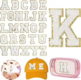 26PCS Chenille Letter Patches Self Adhesive Alphabet Sticker Set for DIY Clothing White Felt Initial Letters Patches with Gold Glitter Border Sew Varsity Letter Patches Stickers for Backpacks Hats