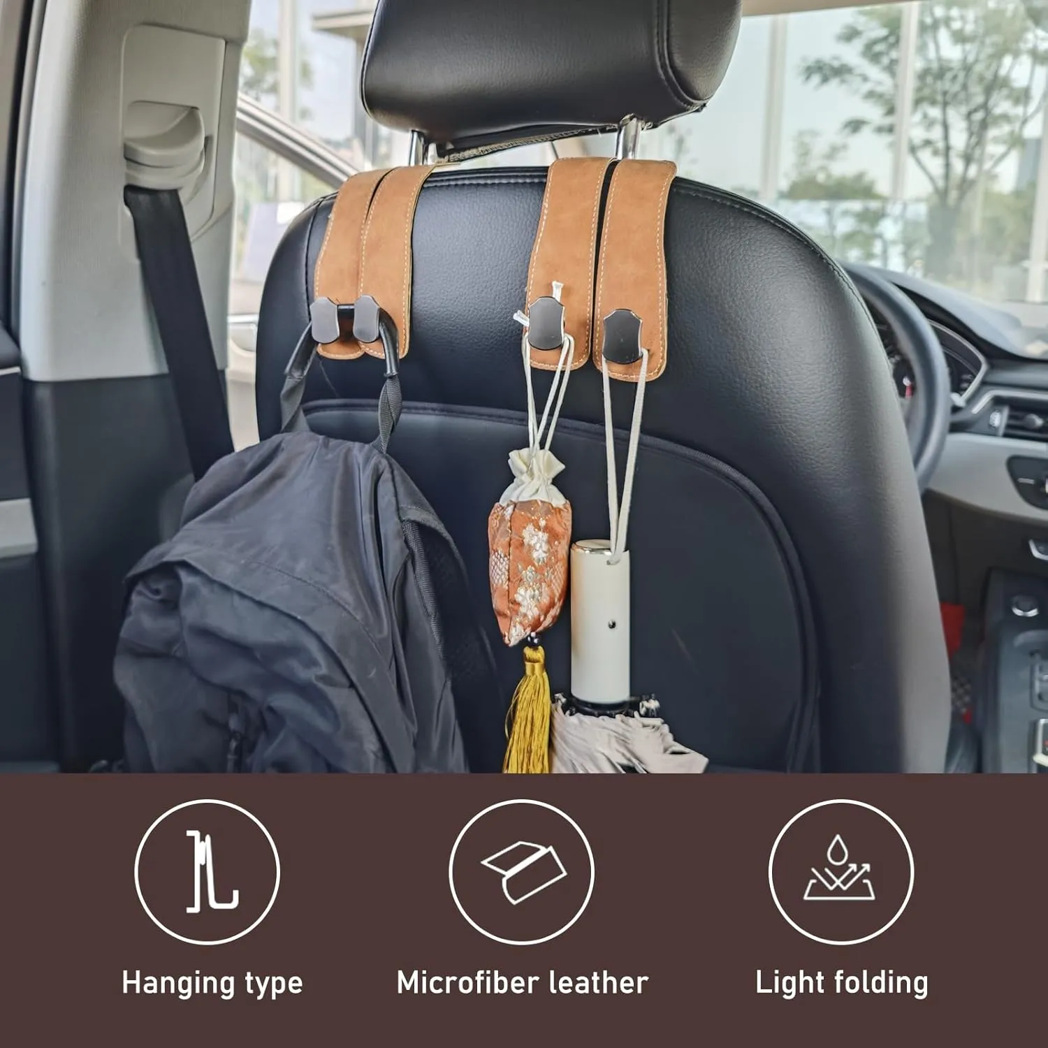 2PCS Car Seat Back Storage Hooks, Car Organizer and Storage Hooks, Leather Car Purse Holder Hooks, Multifunctional Car Seat Hooks for Headrest, Car Accessories for Women (Brown)