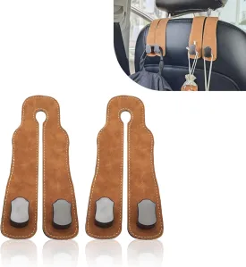 2PCS Car Seat Back Storage Hooks, Car Organizer and Storage Hooks, Leather Car Purse Holder Hooks, Multifunctional Car Seat Hooks for Headrest, Car Accessories for Women (Brown)