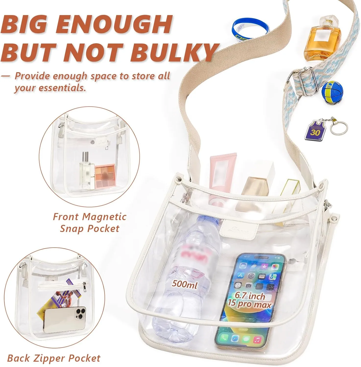 3 Pockets Large Clear Bag for Stadium Events with 2 Long Straps Purse for Women Crossbody Bag Concert Stadium Approved