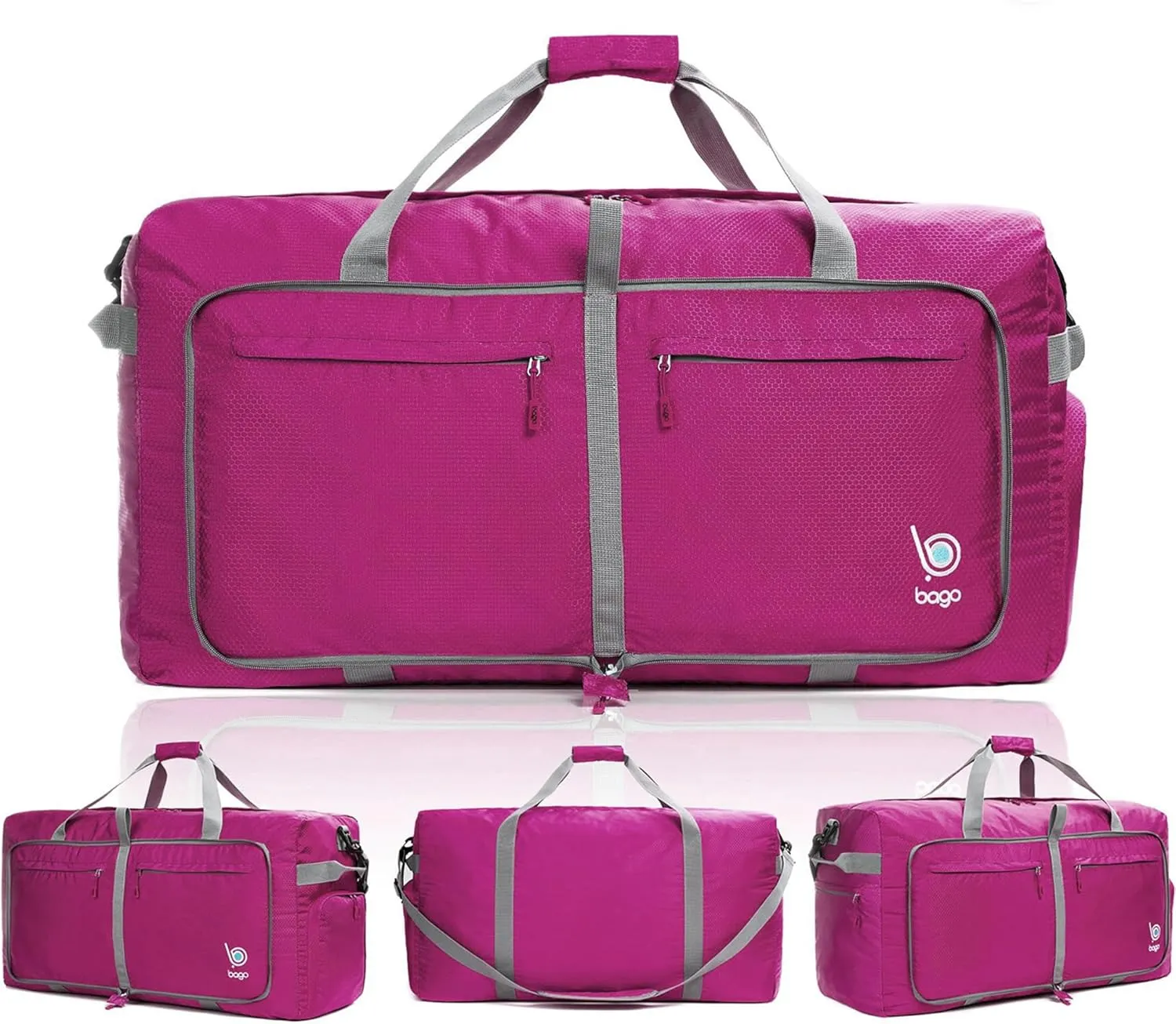 Bago Large Foldable Duffel Bags for Traveling Women & Men - 100L Packable Duffle Bag for Travel with Shoe Compartment - Water Repellant, Heavy Duty, Lightweight Folding & Collapsible (Pink)