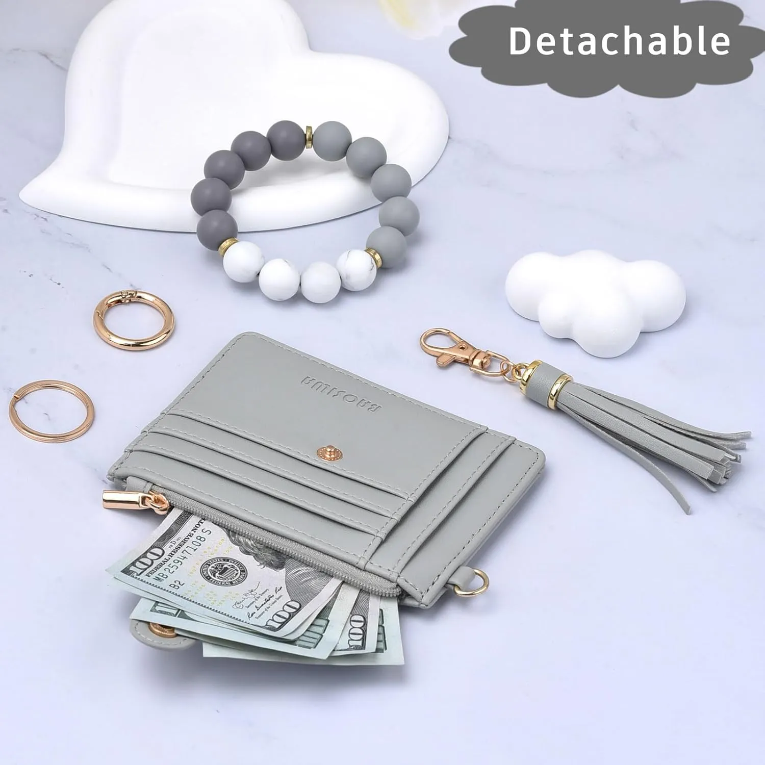 BAOSIWA Silicone Bracelet Keychain Wallet for Women Wristlet Card Holder Slim RFID Wallet with Zipper Pocket