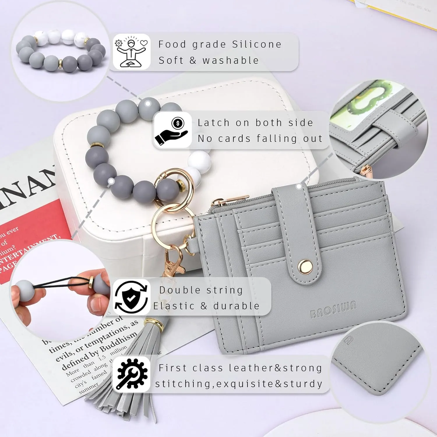 BAOSIWA Silicone Bracelet Keychain Wallet for Women Wristlet Card Holder Slim RFID Wallet with Zipper Pocket