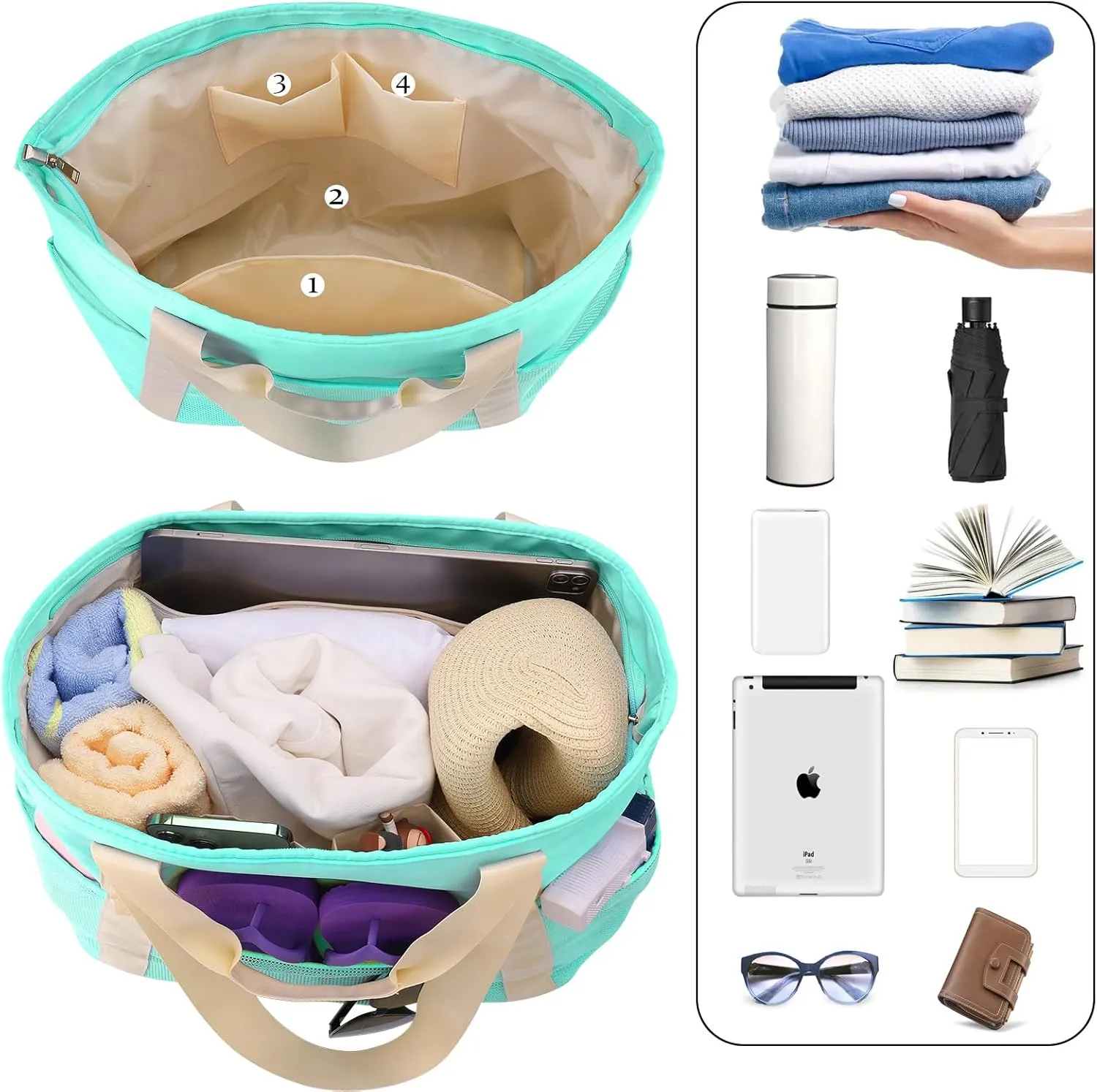 Beach Bags Pool Bags for Women, Waterproof Sandproof Beach Tote Bag with Zipper, Large Tote Bag for Gym Vacation Pool