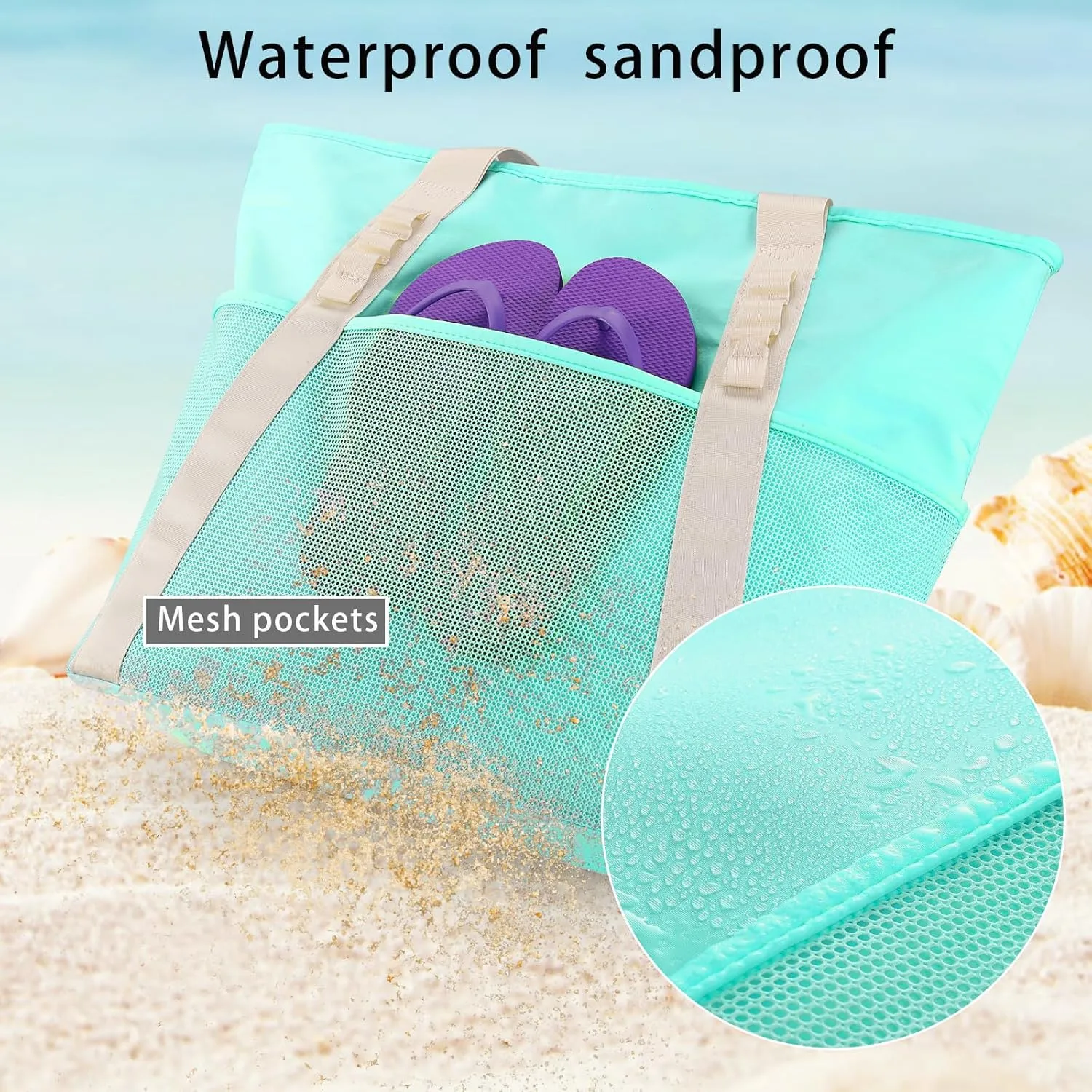 Beach Bags Pool Bags for Women, Waterproof Sandproof Beach Tote Bag with Zipper, Large Tote Bag for Gym Vacation Pool