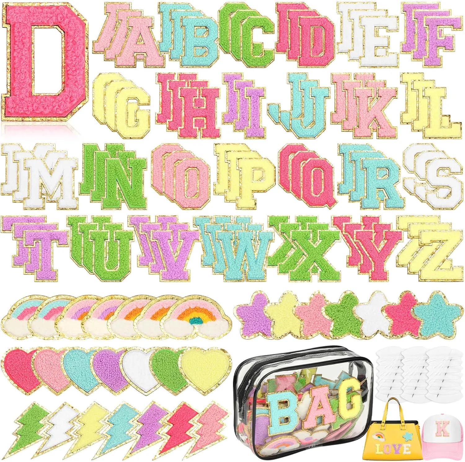 Chenille Letter Patches Sticker, 106 PCS Self Adhesive Chenille Patches for Clothing, Varsity Letters Iron on Letters Patches for Hats Backpacks Bags