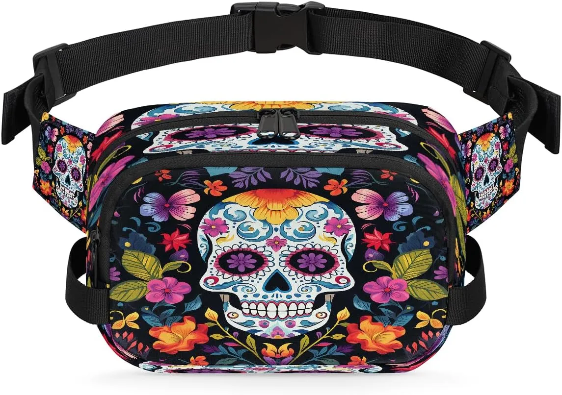 Colorful Sugar Skull Flower Fanny Pack Waterproof Belt Bag Crossbody Bags For Women Men Holiday Gifts