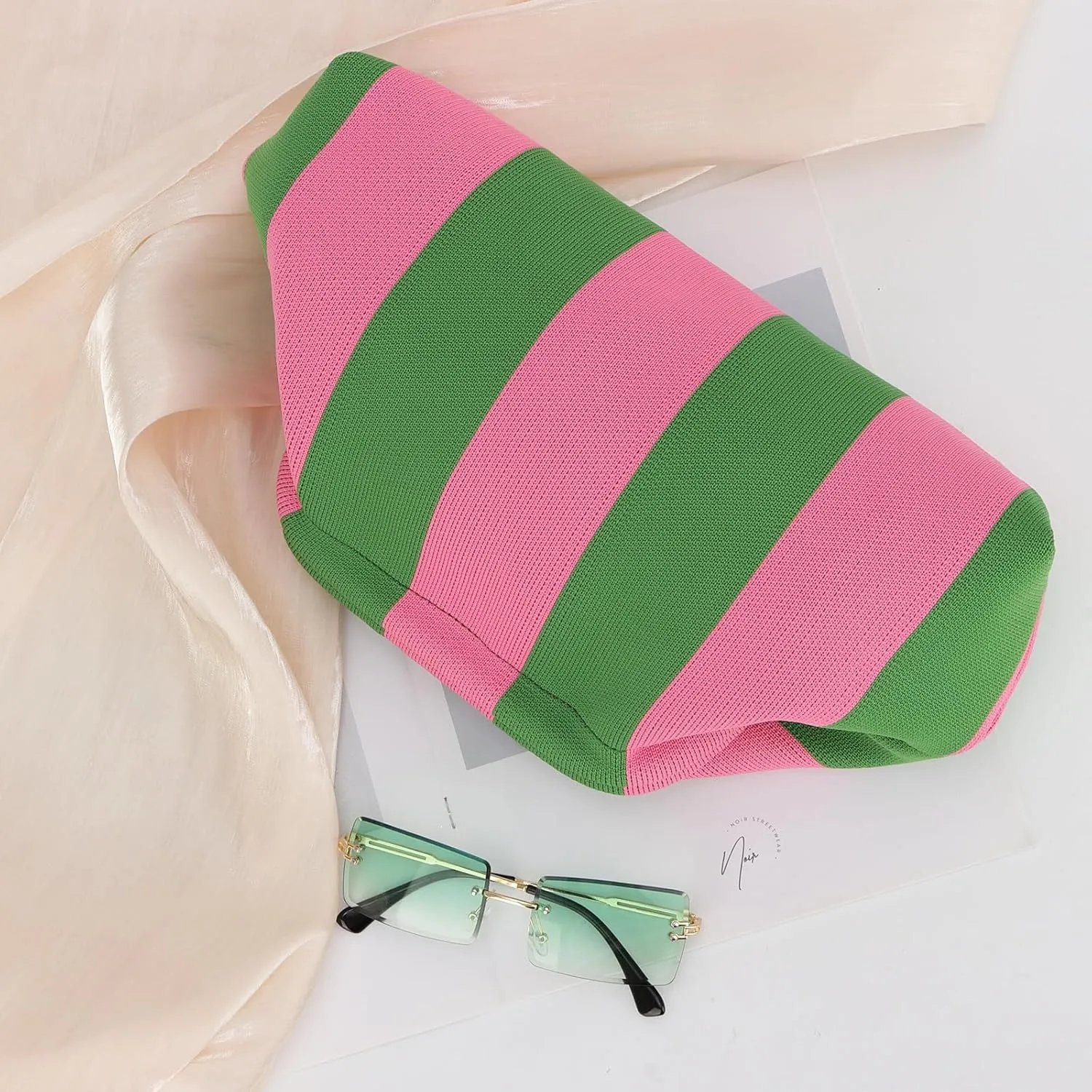 Emprier Dumpling Clutch Purse for Women Casual Woven Crochet Handbags Colorblock Clutch Summer Beach Bag
