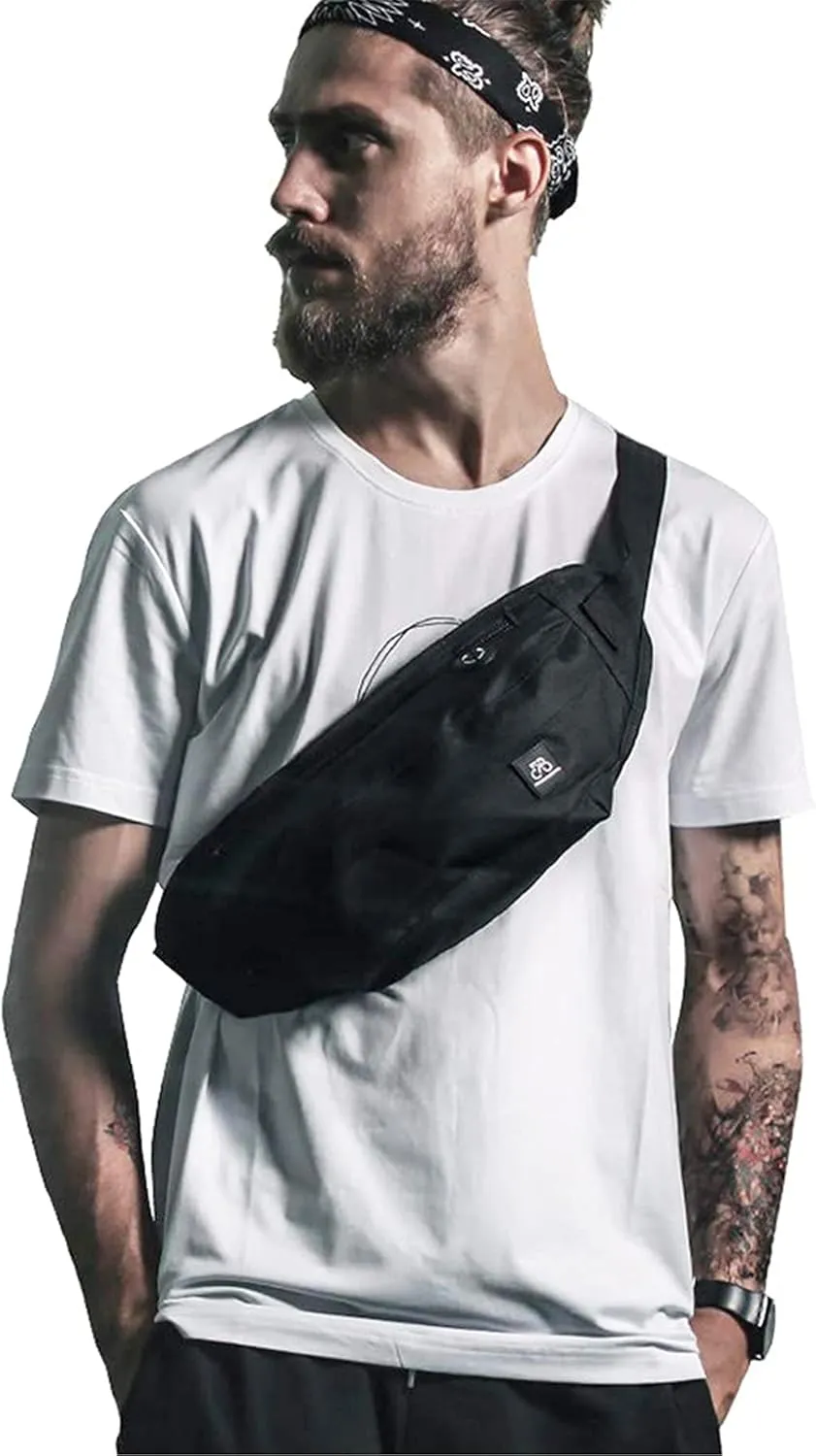 Fanny Packs for Women & Men Unisex Waist Bag Pack with Headphone Jack and Zipper Adjustable Strap Black Fanny Pack for Outdoors & Gym (fanny pack).