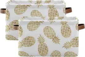 Large Storage Basket Bin Pineapple Pattern Storage Cube Box Foldable Canvas Fabric Collapsible Organizer with Handles for Home Office Closet, 2PCS