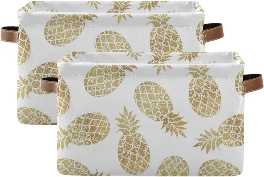 Large Storage Basket Bin Pineapple Pattern Storage Cube Box Foldable Canvas Fabric Collapsible Organizer with Handles for Home Office Closet, 2PCS