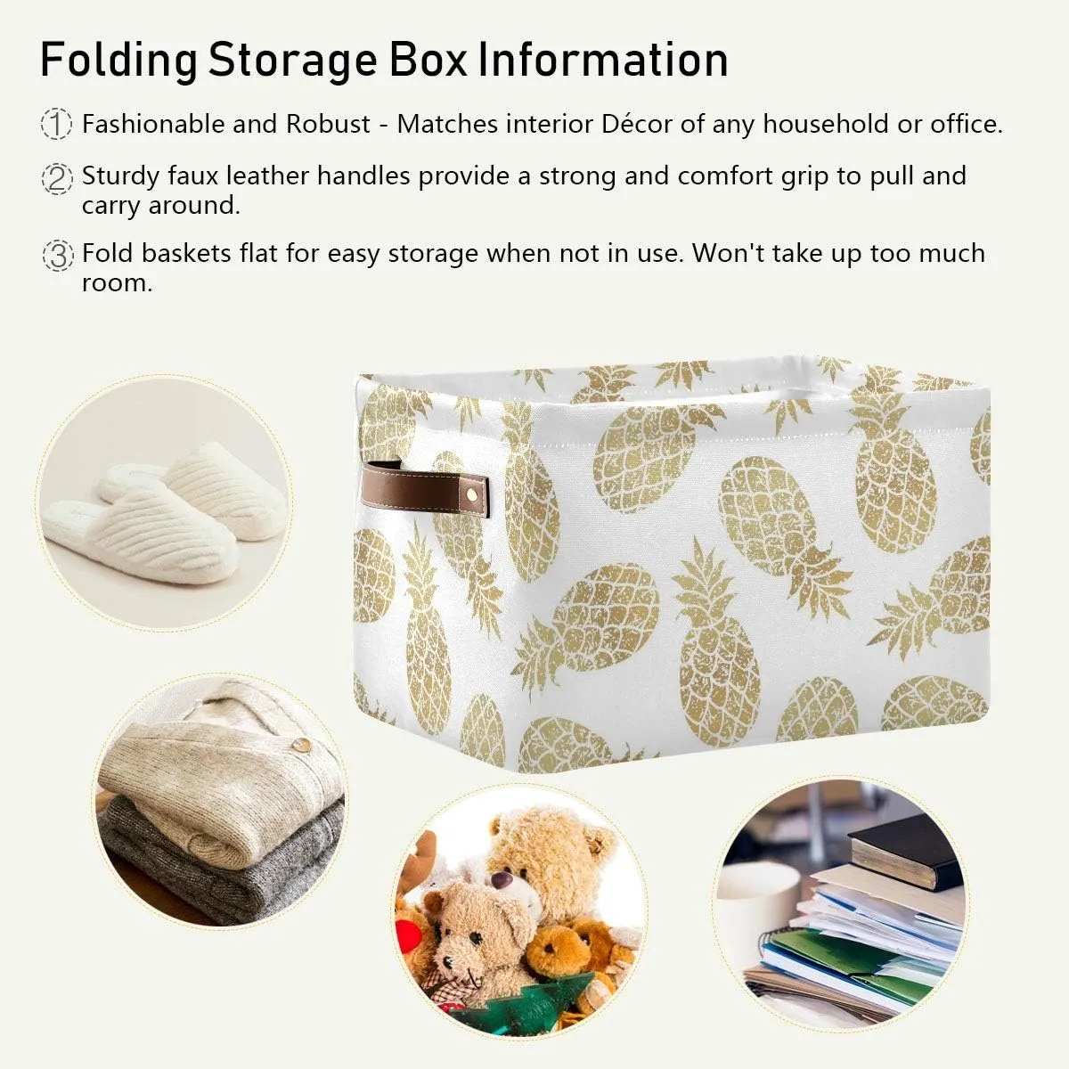 Large Storage Basket Bin Pineapple Pattern Storage Cube Box Foldable Canvas Fabric Collapsible Organizer with Handles for Home Office Closet, 2PCS