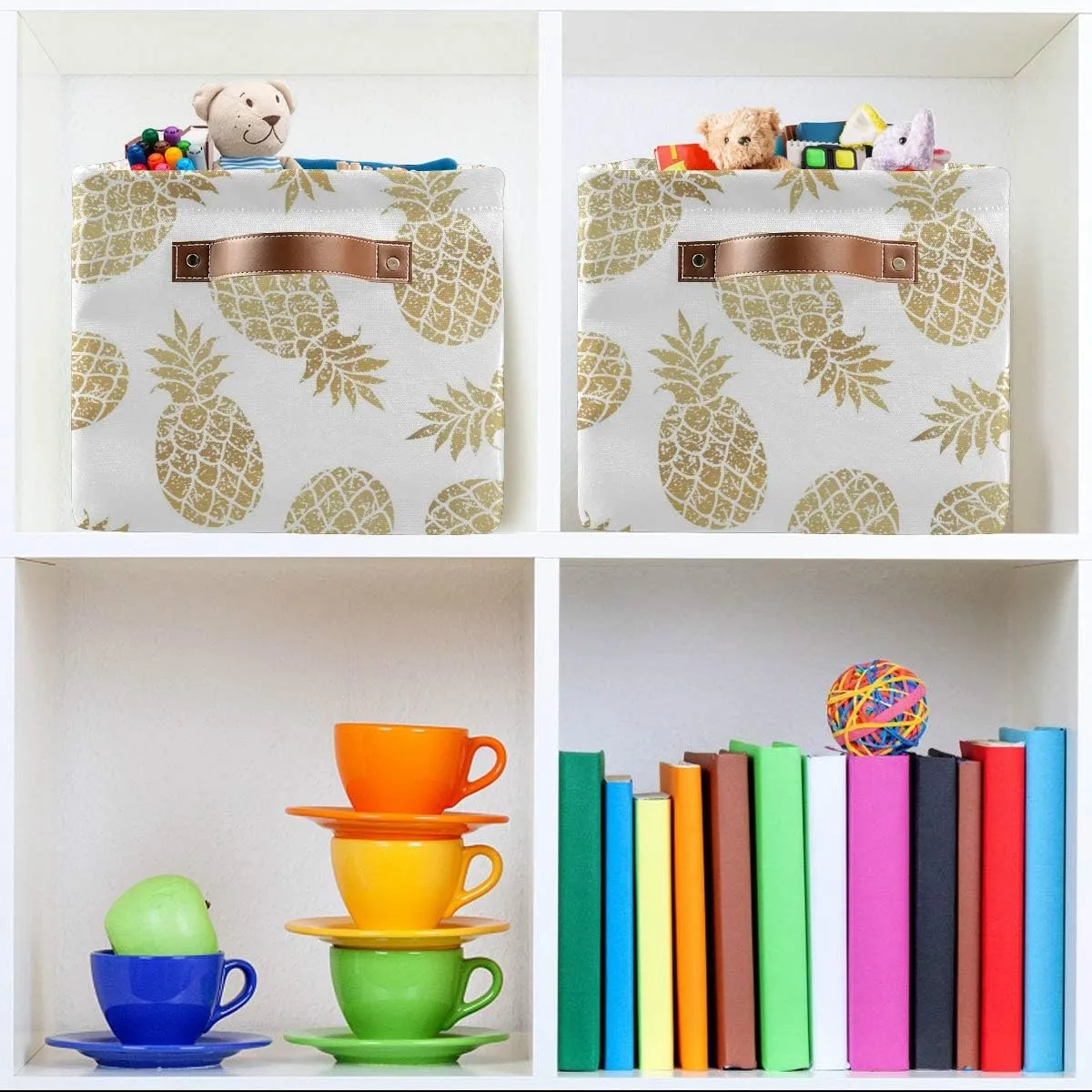 Large Storage Basket Bin Pineapple Pattern Storage Cube Box Foldable Canvas Fabric Collapsible Organizer with Handles for Home Office Closet, 2PCS