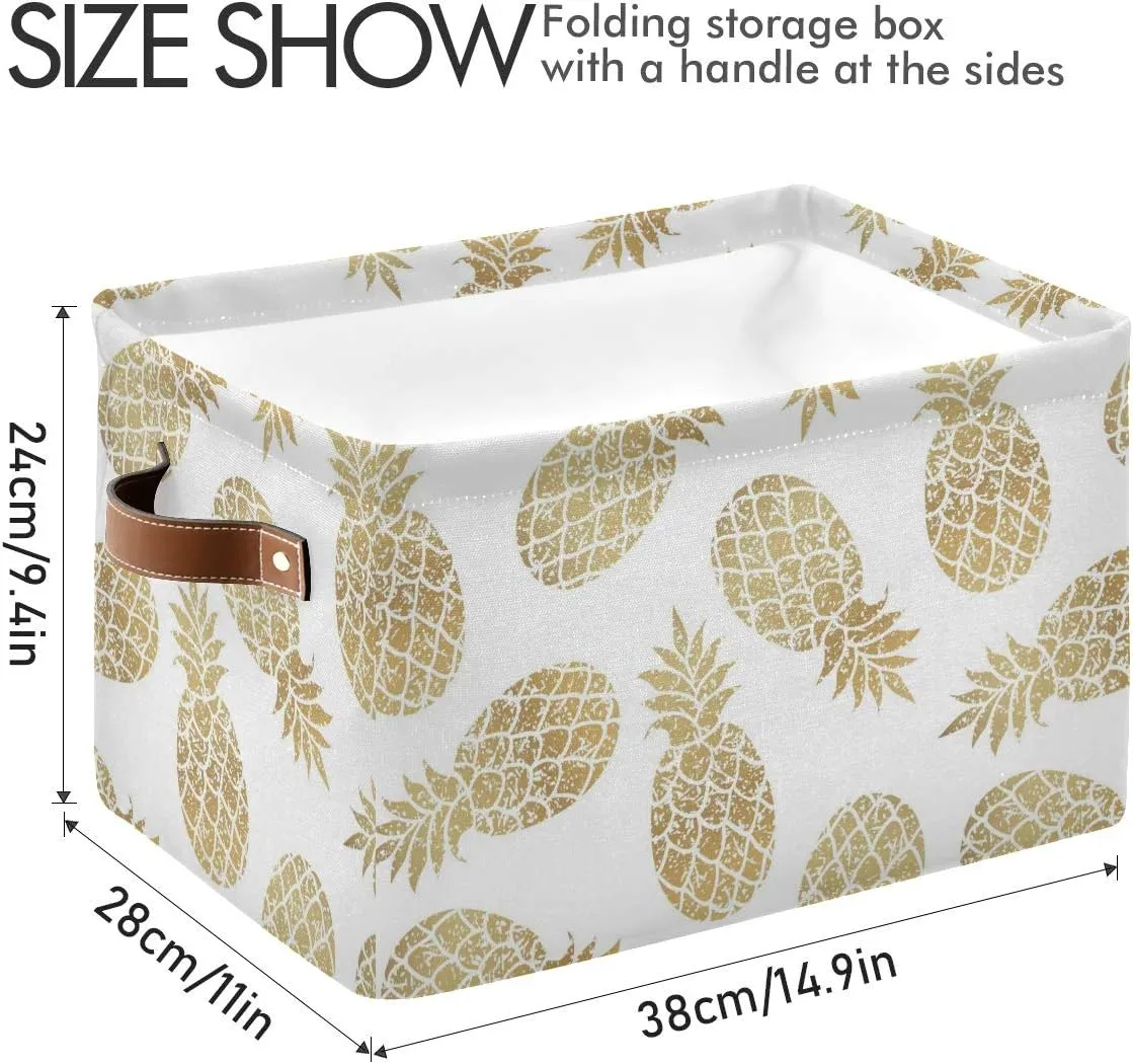 Large Storage Basket Bin Pineapple Pattern Storage Cube Box Foldable Canvas Fabric Collapsible Organizer with Handles for Home Office Closet, 2PCS