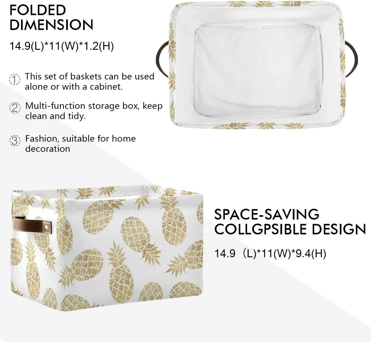 Large Storage Basket Bin Pineapple Pattern Storage Cube Box Foldable Canvas Fabric Collapsible Organizer with Handles for Home Office Closet, 2PCS