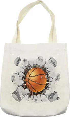 Lunarable Sports Tote Bag, Basketball and Old Plaster Concrete Wall Damage Breaking Sports League, Cloth Linen Reusable Bag for Shopping Books Beach and More, 16.5" X 14", Cream