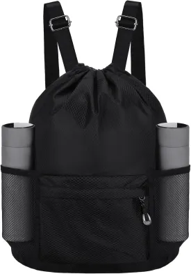 NATURAL STYLE Waterproof Drawstring Bag, Lightweight String Backpack with Water Bottle Holder and Pockets, Gym Sports Cinch Sackpack (Black)