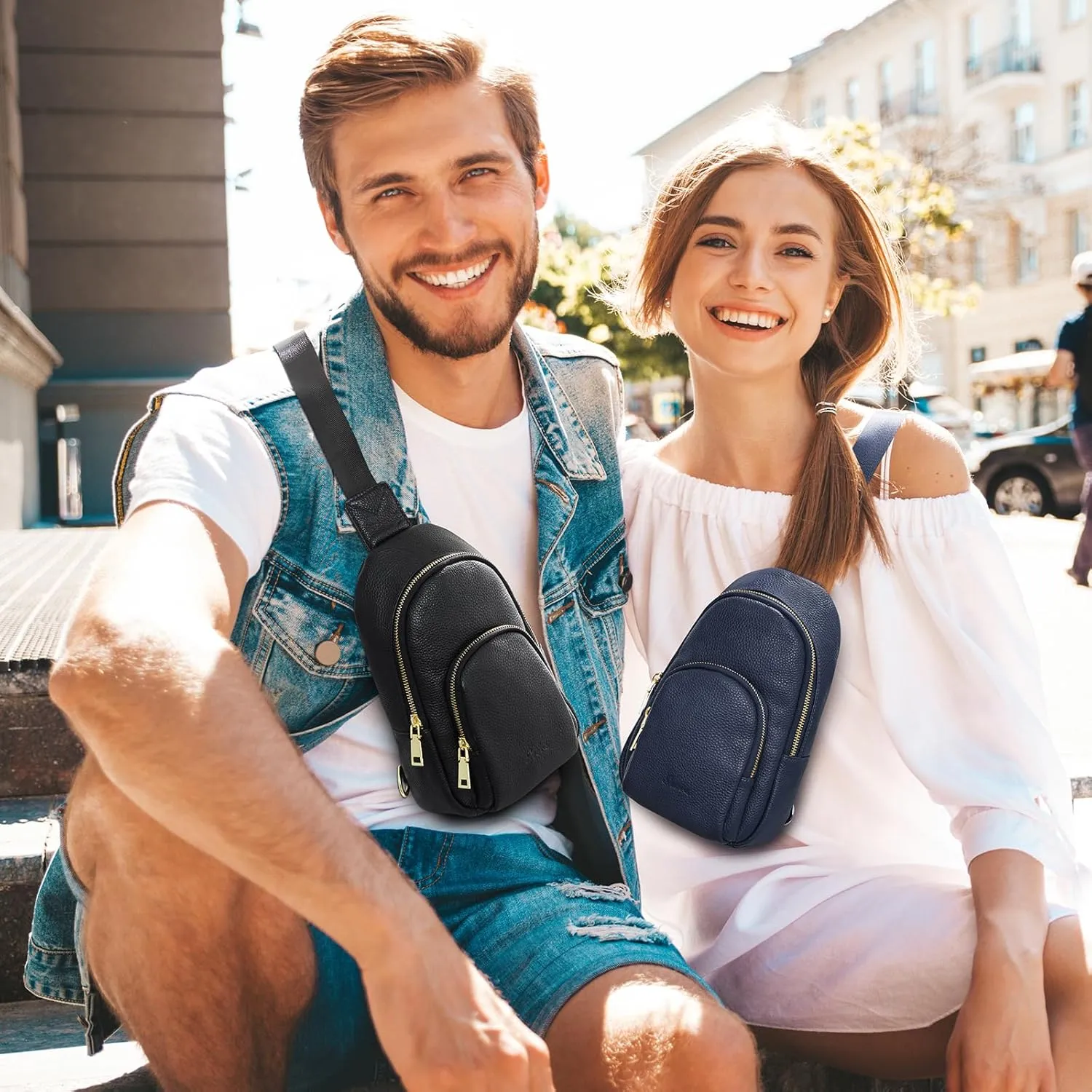 S-ZONE Leather Sling Bag for Women Men RFID Blocking Small Crossbody Sling Backpack Purses Chest Bags Travel Cycling Hiking