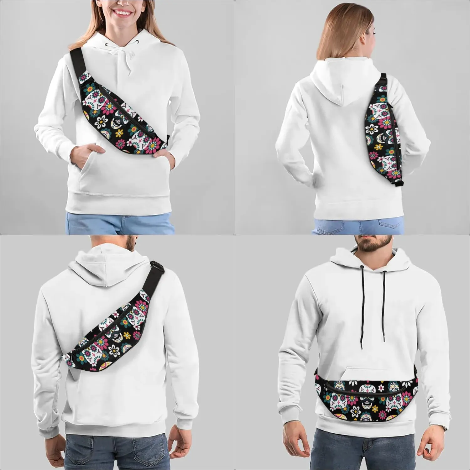 Sugar Skull Fanny Packs for Women Men Cross Body Purse Waterproof Sports Waist Bag Pack Belt Bag for Travel Hiking Running Cycling