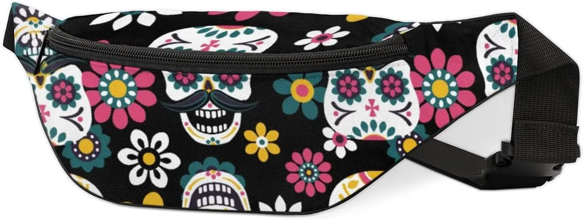 Sugar Skull Fanny Packs for Women Men Cross Body Purse Waterproof Sports Waist Bag Pack Belt Bag for Travel Hiking Running Cycling