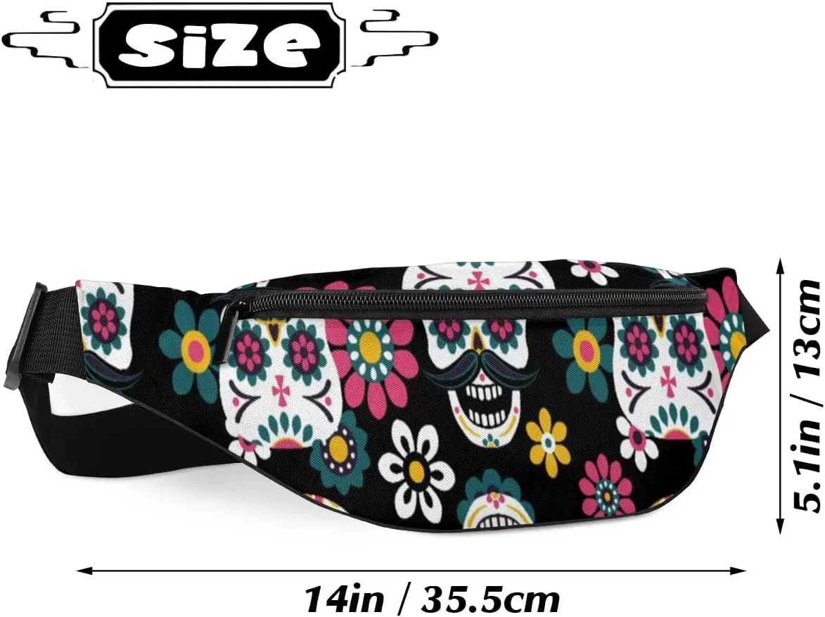 Sugar Skull Fanny Packs for Women Men Cross Body Purse Waterproof Sports Waist Bag Pack Belt Bag for Travel Hiking Running Cycling