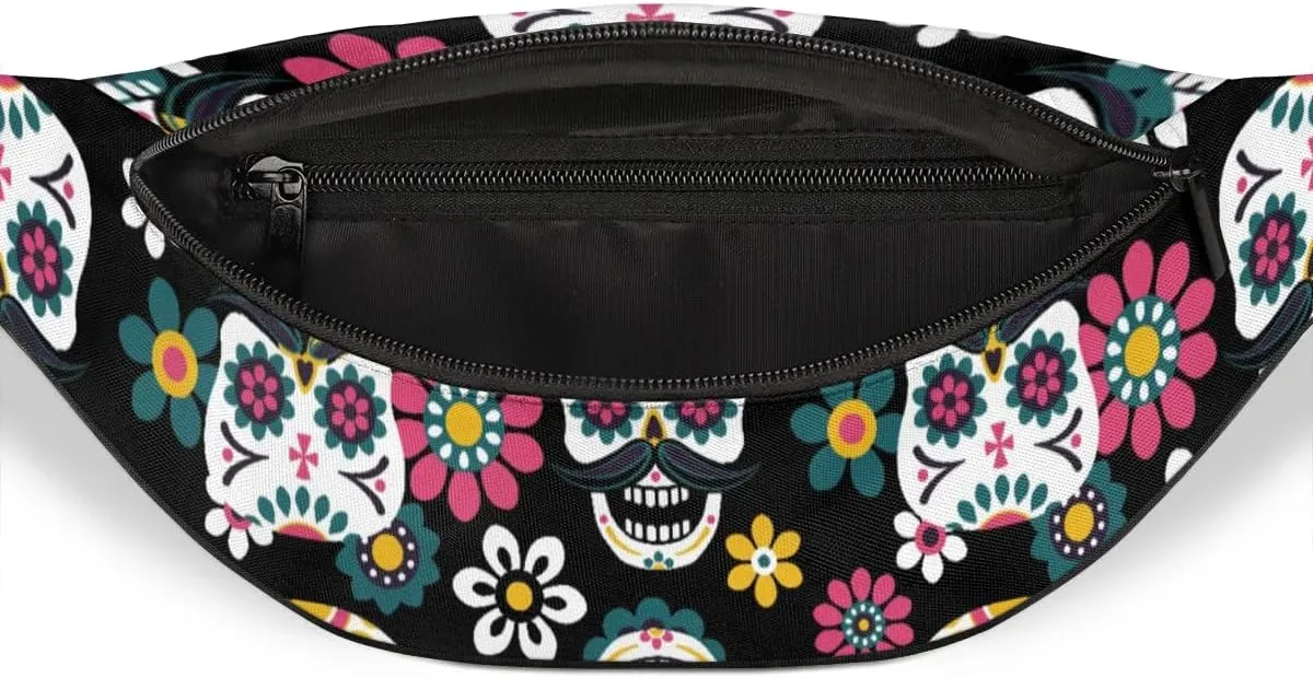 Sugar Skull Fanny Packs for Women Men Cross Body Purse Waterproof Sports Waist Bag Pack Belt Bag for Travel Hiking Running Cycling