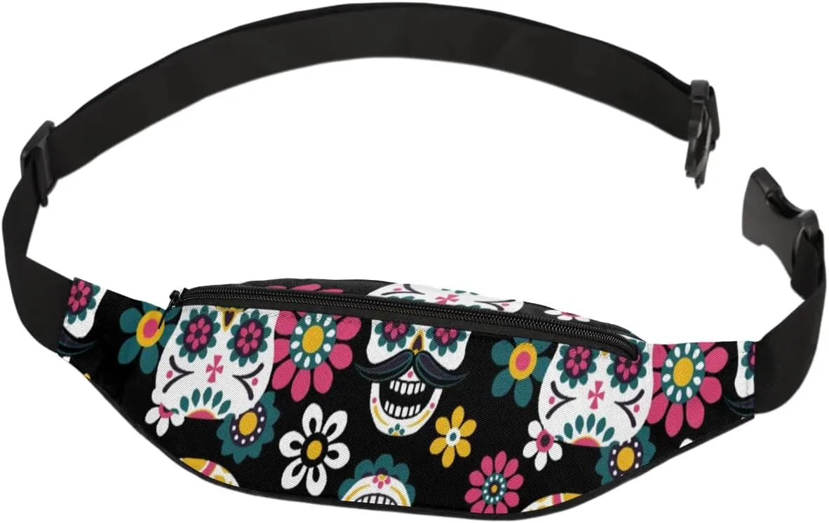 Sugar Skull Fanny Packs for Women Men Cross Body Purse Waterproof Sports Waist Bag Pack Belt Bag for Travel Hiking Running Cycling