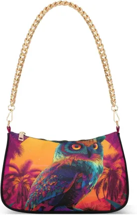 Sunset Owl Shoulder Handbags for Women Travel Hobo Tote Handbag Women Gold Chain Shoulder Bags Purse with Zipper Closure