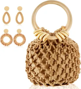Sweetude Mini Clutch Tote Handbag 2 Pairs Rattan Earrings for Women Bucket Drawstring Handbag Bohemian Woven Clutch