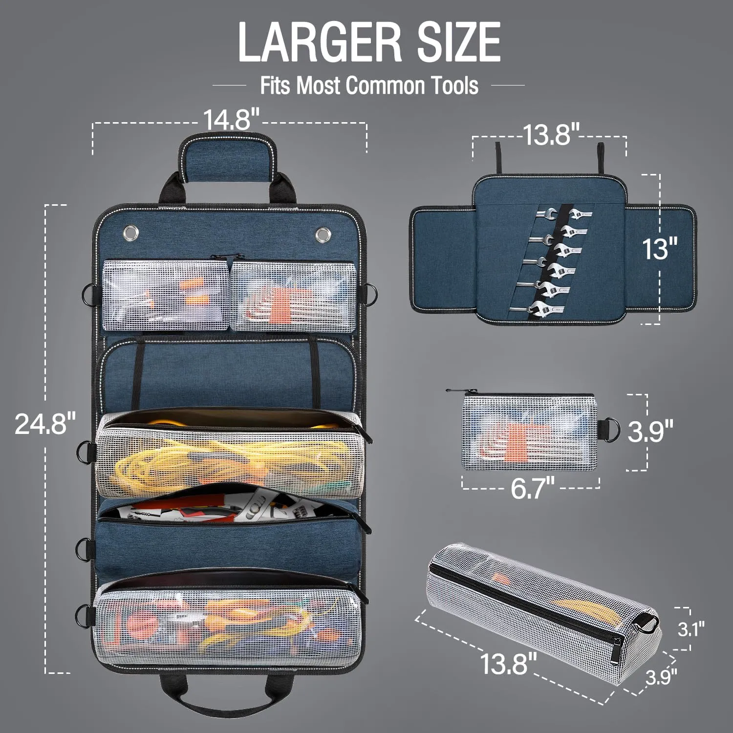Tool Bag Roll Up Tool Organizer Bag Roll Up Tool Bag Organizer Tool Roll Bag with Small Detachable Tool Bags and Wrench Roll Up Pouch, Gifts for Men, Mechanic, Electrician, Darkblue
