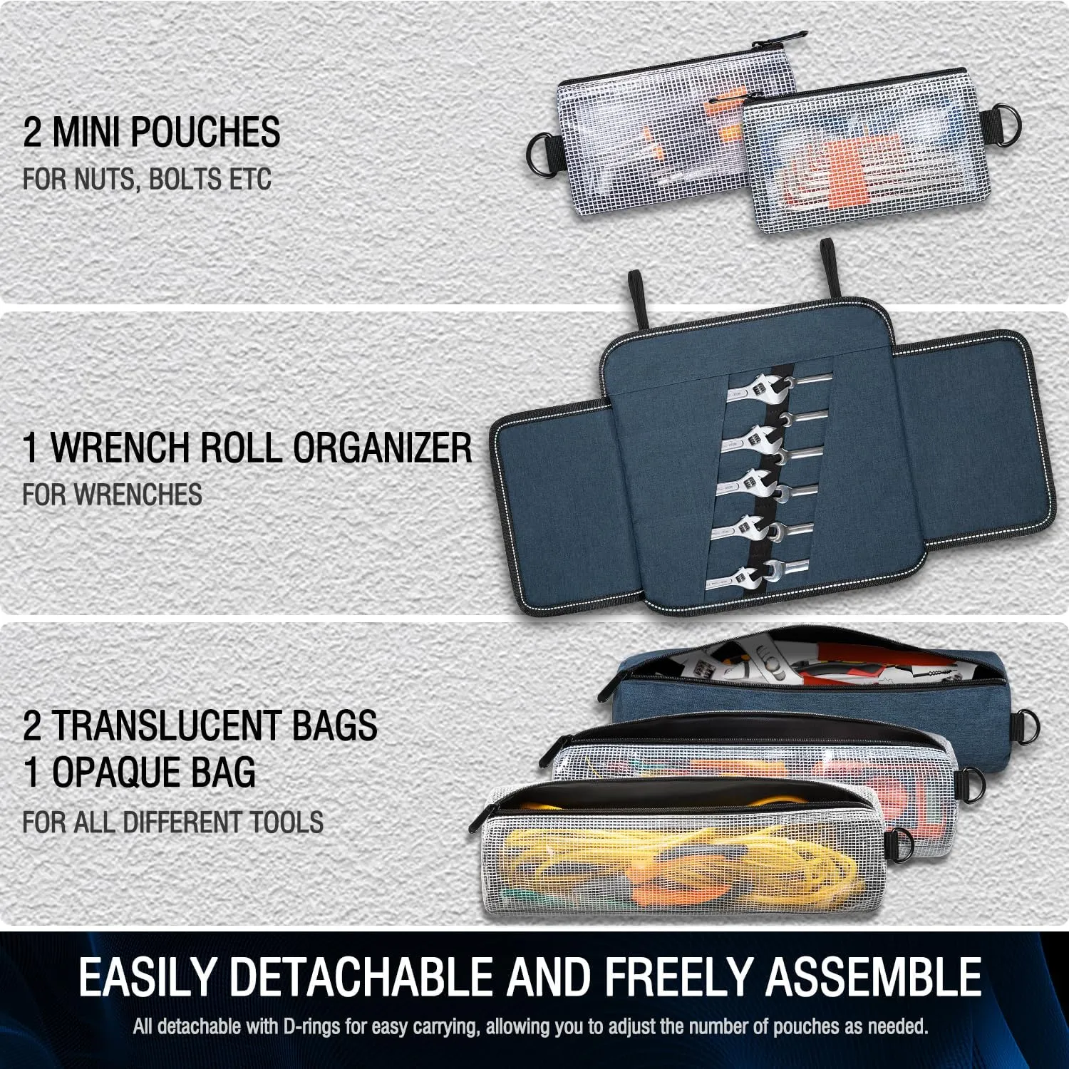 Tool Bag Roll Up Tool Organizer Bag Roll Up Tool Bag Organizer Tool Roll Bag with Small Detachable Tool Bags and Wrench Roll Up Pouch, Gifts for Men, Mechanic, Electrician, Darkblue