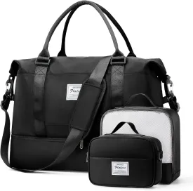 Weekender Bags for Women,Travel Duffel Bags with Shoe Compartment & Wet Pocket,Personal Item Travel Bag for Airlines,Carry on Overnight Tote Bag for women,3Pcs SetBlack