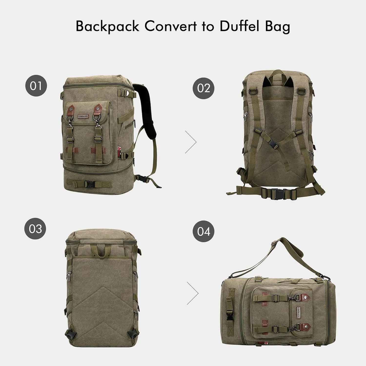 WITZMAN Travel Backpack for Men Women Canvas Backpack Carry on Luggage Rucksack Convertible Duffel Bag Large