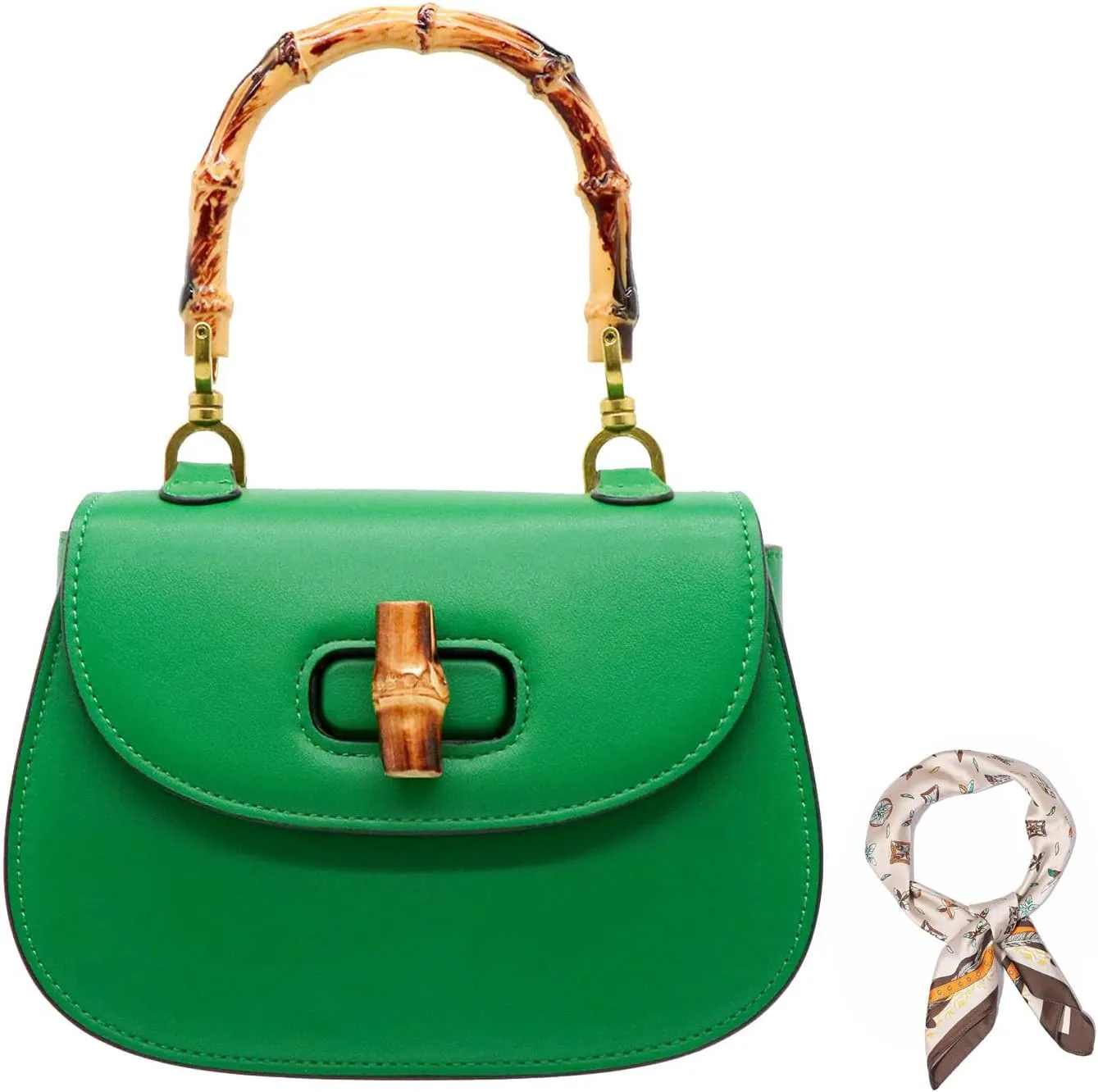 Women Tote bag, Bamboo Shape Handle, PU Leather Top Handle Bags, Womens Crossbody Bag with 27.5 * 27.5in Square Scarf