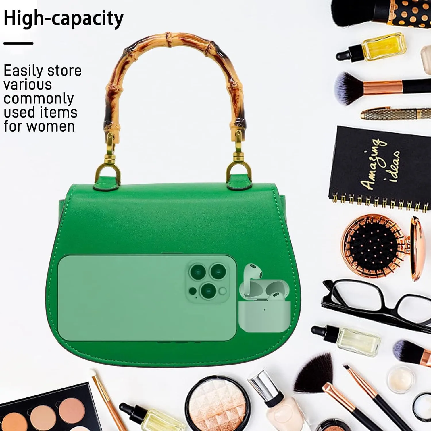 Women Tote bag, Bamboo Shape Handle, PU Leather Top Handle Bags, Womens Crossbody Bag with 27.5 * 27.5in Square Scarf