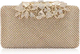 Womens Evening Bag with Flower Closure Rhinestone Crystal Clutch Purse for Wedding Party